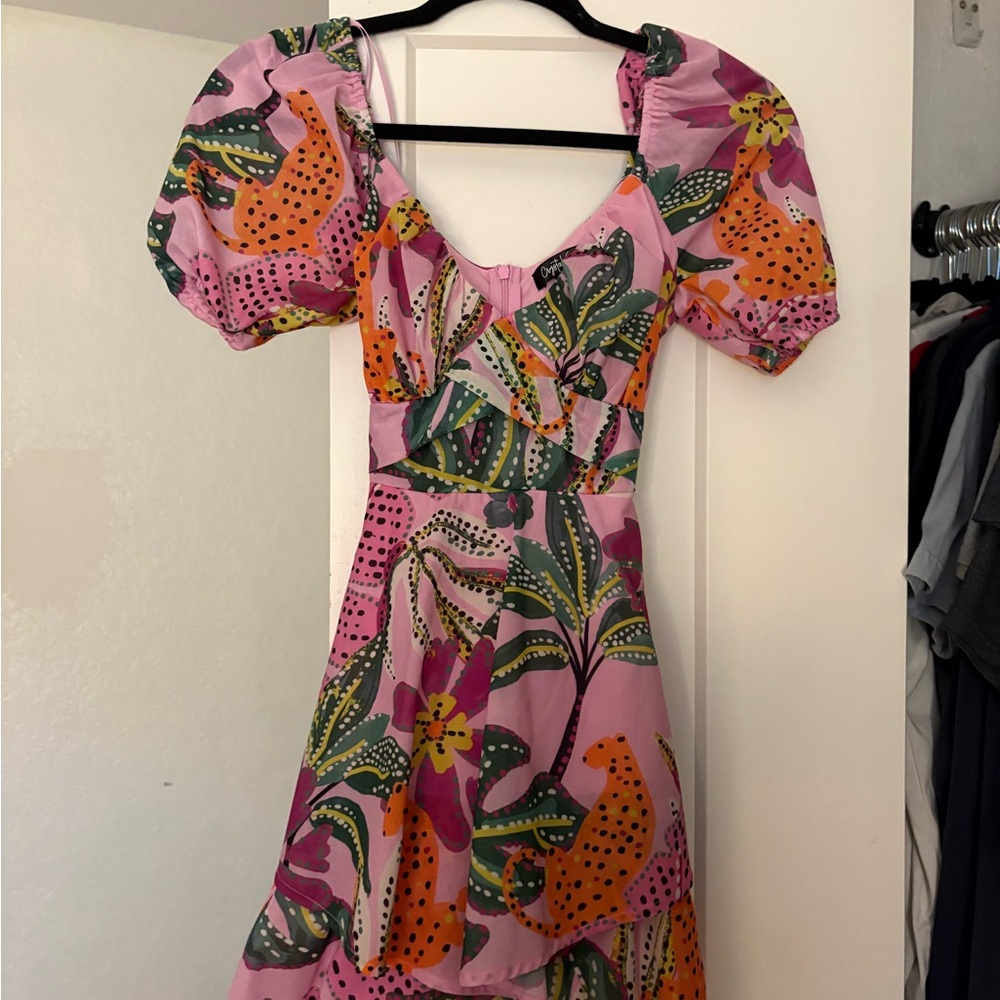 Floral Puff Sleeve Dress - Pink and Orange